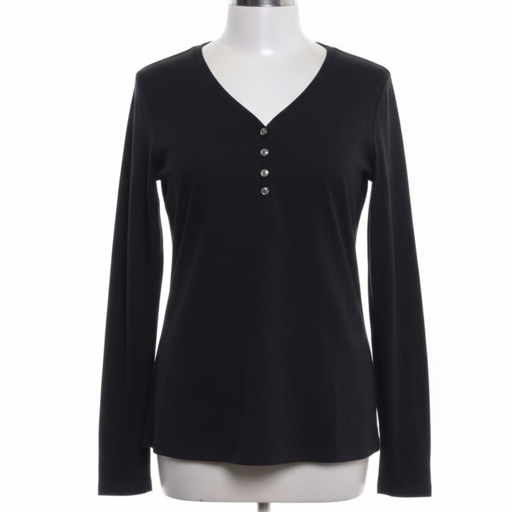 Susan Graver Weekend Black Top Women Medium Henley V Neck Long Sleeve Bling Chic